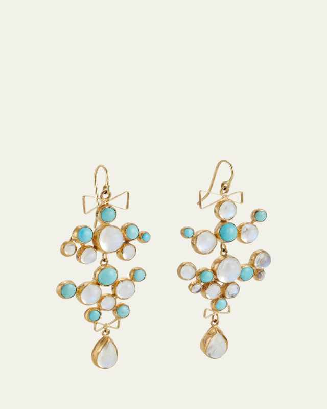 Persian Turquoise and Moonstone Bubble Earrings in 22K and 18K Yellow Gold